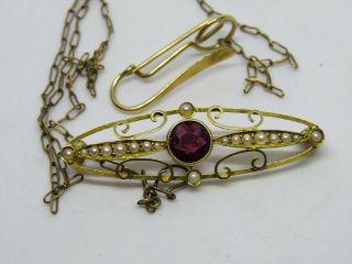 Antique Victorian Edwardian 14k Solid Gold Amethyst & Pearl Brooch Pin W/ Safety