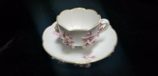 Antique Meissen Porcelain Floral Encrusted Footed Cup & Saucer Pink & Gold
