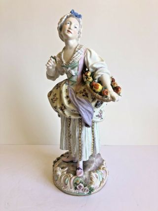 Vintage German Porcelain Figurine | Woman Fruit Bowl | Dresden Meissen Style
