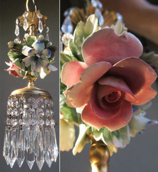 2 Porcelain Chandelier Swag Lamp Capodimonte Rose Flowers Vintage Brass Crystal