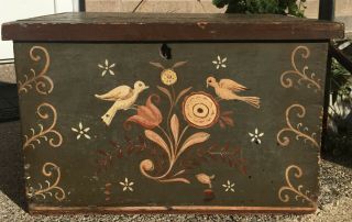 Antique 19thc American Folk Art Painted Wood Flat Top Box Chest