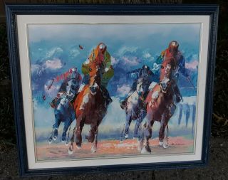 Vintage Signed Framed Oil On Canvas Painting Horse Racing Derby Triple Crown Art