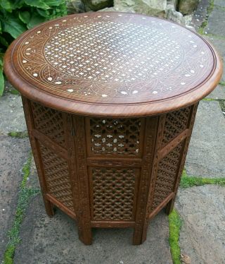 Large Vintage Octagonal Anglo/indian Folding Inlaid Wooden Side Table