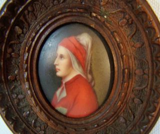 Antique French Miniature Painting On Porcelain In Carved Wood Frame W/ Stand Man