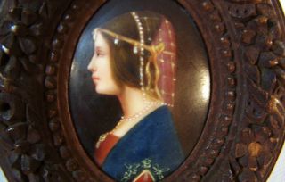 Antique French Miniature Painting On Porcelain In Carved Wood Frame Wstand Woman