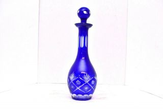 Large Vintage Cobalt Blue Cut To Clear Czech Bohemian Crystal Glass Decanter