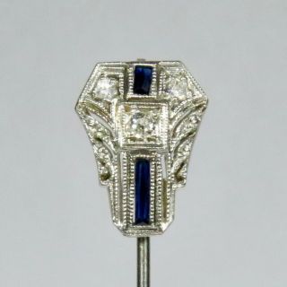 Antique Art Deco White Gold & Platinum 3 Diamond & Sapphire Stick Pin (rl2005k)