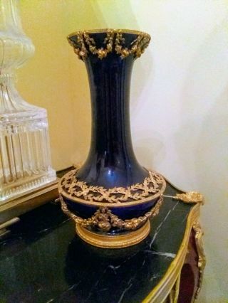 Antique French Sevres Style Cobalt Blue Porcelain Vase With Ormolu Decoration