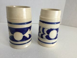 Williamsburg Salt Glaze Stoneware Mugs Cobalt Blue stenciling on Beige Set of 2 3