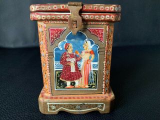 Rare Antique Persian Tea Caddy Wooden Box Hand Painted 5 3/4 " Height Ca.  1900 