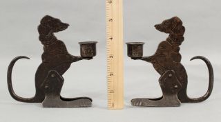 Pair Antique Arts & Crafts Hand Hammered Cast Iron Figural Dog Candlesticks,  Nr
