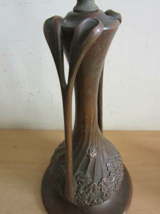 Antique Bronzed Art Nouveau floral handled stained slag glass lamp base parts 3