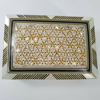 Vintage Ornate Mother Of Pearl Inlay Wood Marquetry Trinket Box Intricate