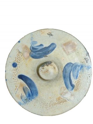 Antique Blue Salt Glazed Stoneware Crock Cobalt Decorated Lid.