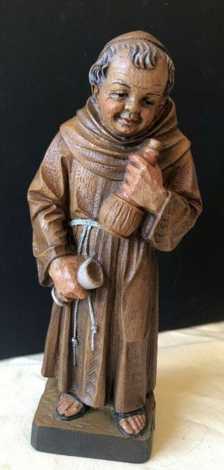 Vintage Hand Carved Wood Monk Holding Wine And Cup Signed Hc