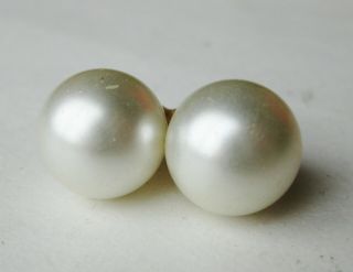 Fine Vintage 12mm White South Seas Pearl 14k Yellow Gold Pierced Stud Earrings