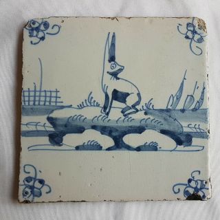 Antique Delft Wall Tile Rabbit Hare Blue White Delftware