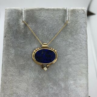 Vintage 14k Yellow Gold Oval Lapis Lazuli Diamond Pendant Chain Necklace 18 "