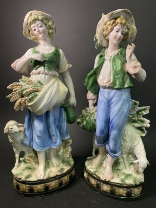 Antique Large Porcelain Figurine Colonial Man Woman Sheep 15 Inch