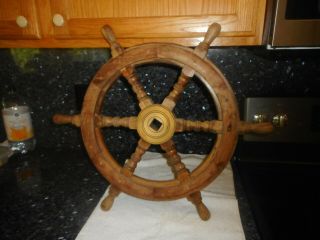 Wooden Ship Wheel With Brass Hub - Nautical Decor 17 "