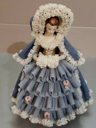 German Dresden Lace Figurine Winter Lady In Blue Cloak & Dress W/ A Muff