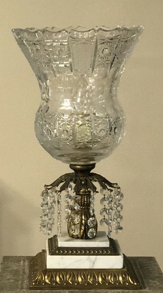 Lg Regal Antique Marble & Brass Base Table Lamp Cut Crystal Shade & Prisms 15 Lb