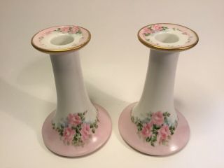 Antique French Handpainted Candlestick Holder Pair Artist Signed C.  1909 - 1938