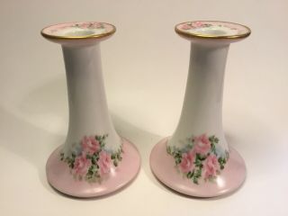 Antique French Handpainted Candlestick Holder Pair Artist Signed c.  1909 - 1938 2