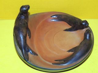 Vintage Denmark Ipsen P&e Art Pottery Sea Lion / Seals Shallow Bowl 143