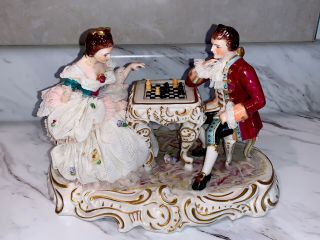 Large Antique Dresden Lace Couple Playing Chest Figurine Germany - Marked -