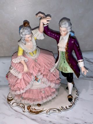 Large Antique Dresden Lace Dancing Couple Figurine Germany - Marked -