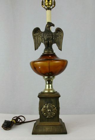 Vintage Brass And Amber Glass American Eagle Patriotic Table Lamp Mid Century