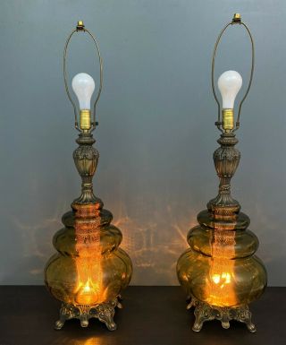 Pair Vintage Table Lamps Mid Century Modern Green Glass Ceramic Retro