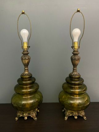 Pair Vintage Table Lamps Mid Century Modern Green Glass Ceramic Retro 2