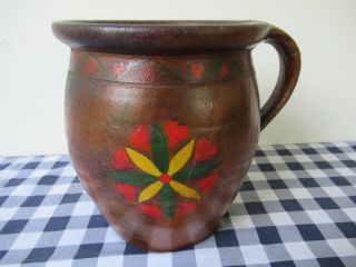 Antique Crock,  Redware One Gallon Circa 1870,  Stoneware,  Handle,  Hex Decorated
