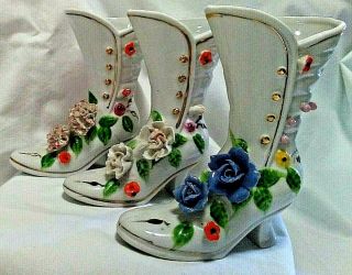Set Of 3 Vintage Ceramic Ladies Victorian Style Button Up White Boots - Flowers