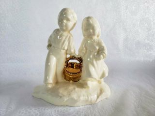 Vintage Porcelain Sweet Girl And Boy Carrying Weeping Gold Bucket