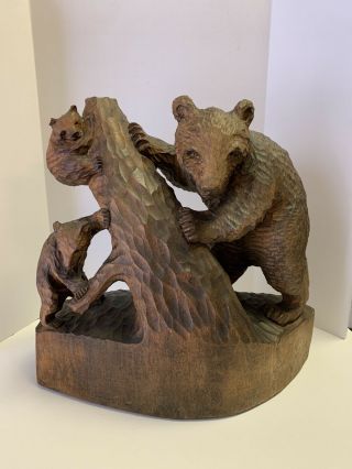 Vintage Japanese Carved Bear & Cubs On Tree Solid Piece Wood Sculpture