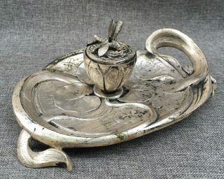 Antique French Art Nouveau Inkwell Made Of Silver Plated Bronze Early 1900 