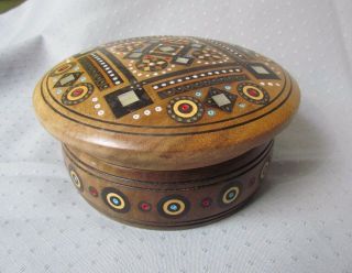 Small Jewelry Box,  Walnut Wood,  Inlaid W/ Glass Beads & Mother Of Pearl Intarsia