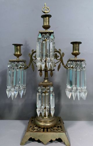 19thc Antique Victorian Brass Old Glass Crystal Prism Candle Holder Candelabra