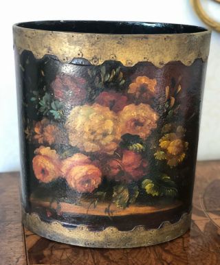 Stunning Vintage Antique Oval Hand - Painted Wooden Floral Tole Waste Trash Can