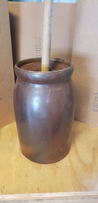Antique Brown Stoneware Pottery 2 - Gallon Butter Churn Crock W/ Lid And Plunger
