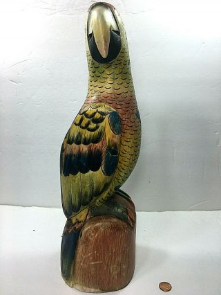 Vintage Hand Carved Hand Painted Folk Art Wooden Parrot Sculpture/figurine 16 " H