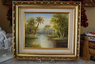 Oil Painting On Canvas By James Of A Tropical Scene Mount On Gold Frame