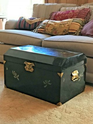 Black Enameled Asian Oriental Wooden Chest Box Trunk Storage With Brass Handles