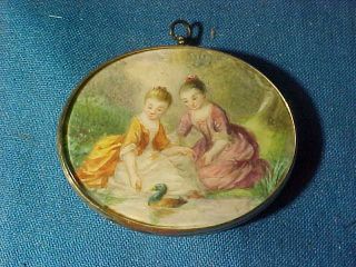 19thc Victorian Era Miniature Porcelain Hand Painted Brooch W 2 Young Girls