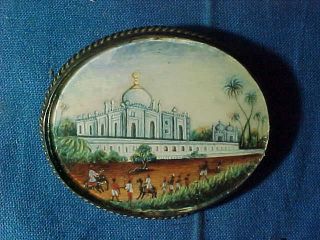 19thc Victorian Era Miniature Porcelain Hand Painted Taj Mahal Image Brooch