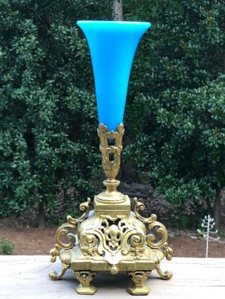 Antique French Blue Opaline Glass Brass Bronze? Gilt Stand Holder Trumpet Vase