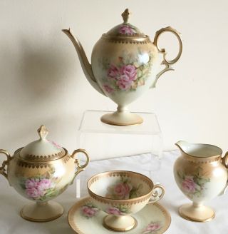 Vintage Rs Poland China Porcelain Tea Service For One Pink Roses & Gold